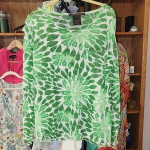 Marc Zunino Green Floral Long Sleeve Women's Top Lettuce Hem Sleeve and Waist